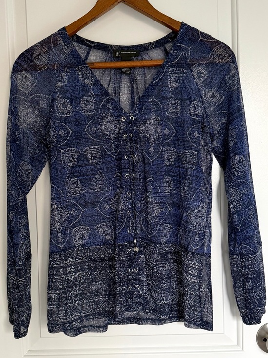 INC International Concepts Tops - INC International Concepts Blue Printed Sheer Lace-Up Blouse Business Casual